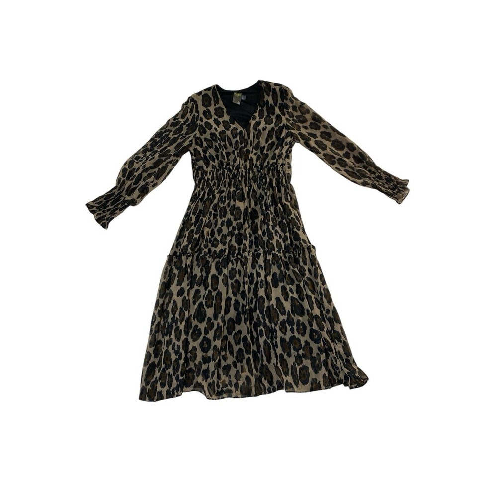 Taylor Smocked Animal Print Maxi Dress Sz 12/L Leopard Chiffon Tiered Fit Flare